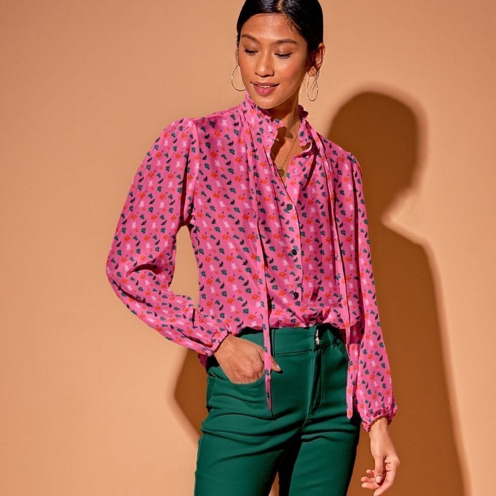 Tucker Willow Blouse Pink Painted Poppies Micro I'm Silk Crepe de Chine